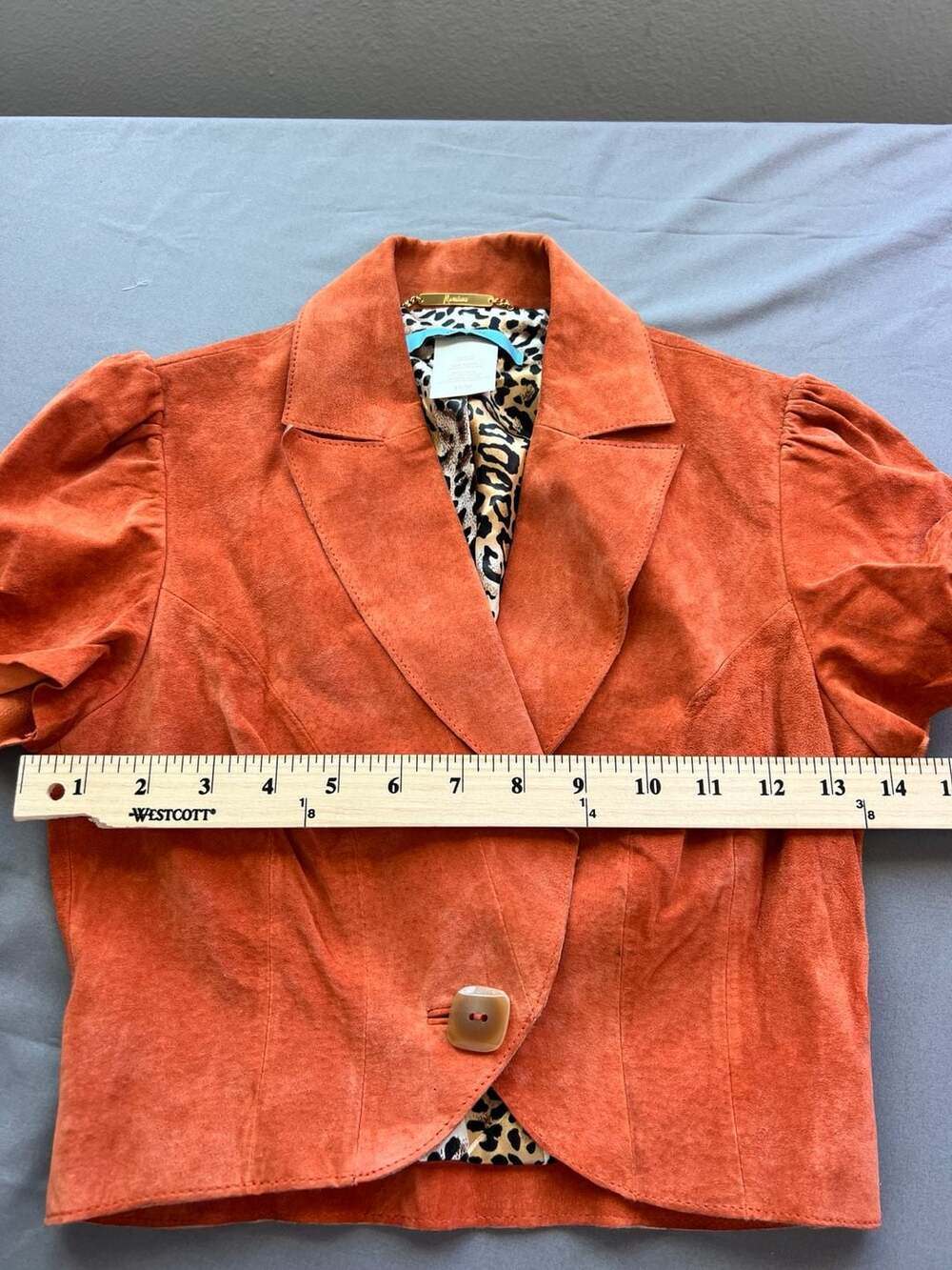 Y2k Mobwife Orange Suede Cropped Short Sleeve Blazer Jacket, Leopard Lining, Siz - Picture 9 of 10